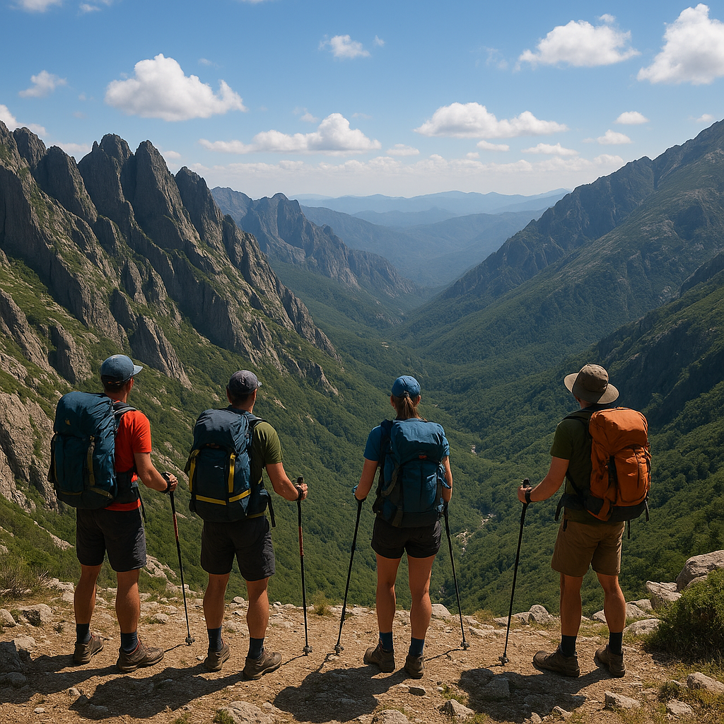 Randonneurs au sommet d'une crête sur le GR20, profitant d'une vue panoramique sur les montagnes.