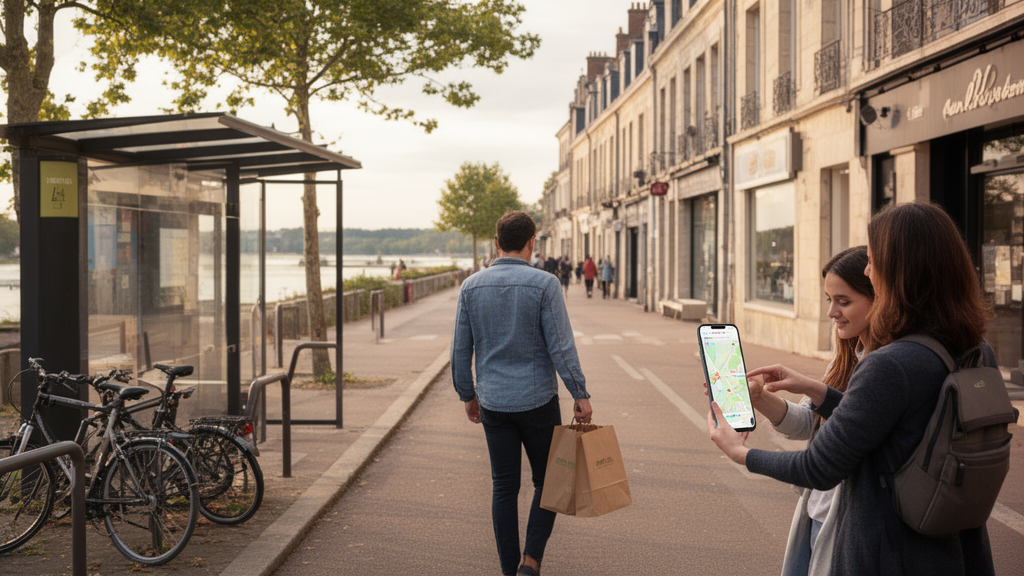 Personne avec un repas à emporter dans une rue de Tours près d’un vélo et d’un itinéraire vers les bords de Loire
