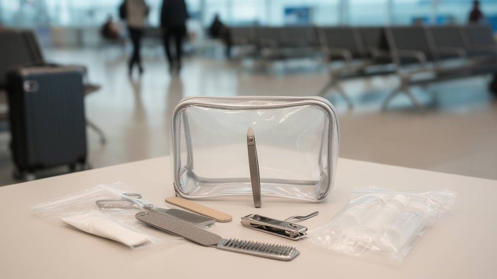 Pince à épiler standard rangée avec des accessoires de toilette autorisés en cabine dans un hall d’aéroport.