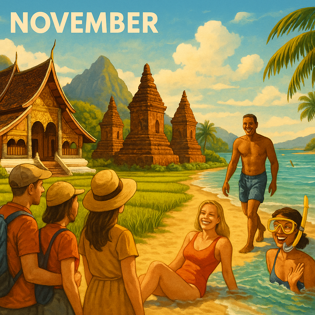 Scène d'activités de voyage en novembre, avec des voyageurs au Laos et des baigneurs à Bali.