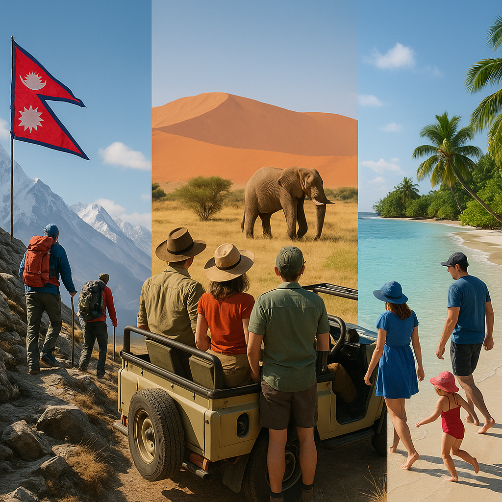 Scène de voyage montrant des activités de plein air dans divers pays commençant par N, dont le Népal, la Namibie et Nauru.