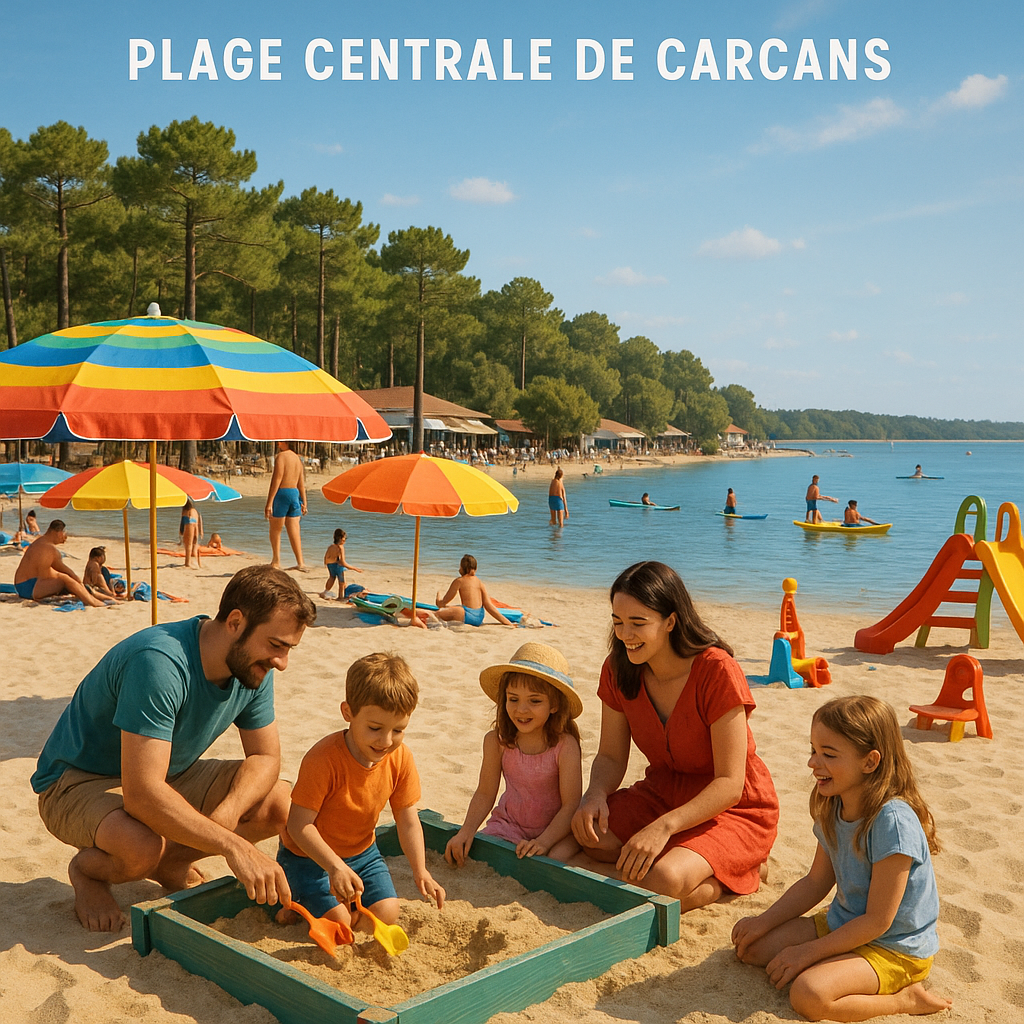 Joueurs sur la plage Centrale de Carcans avec activités nautiques et espaces de jeux