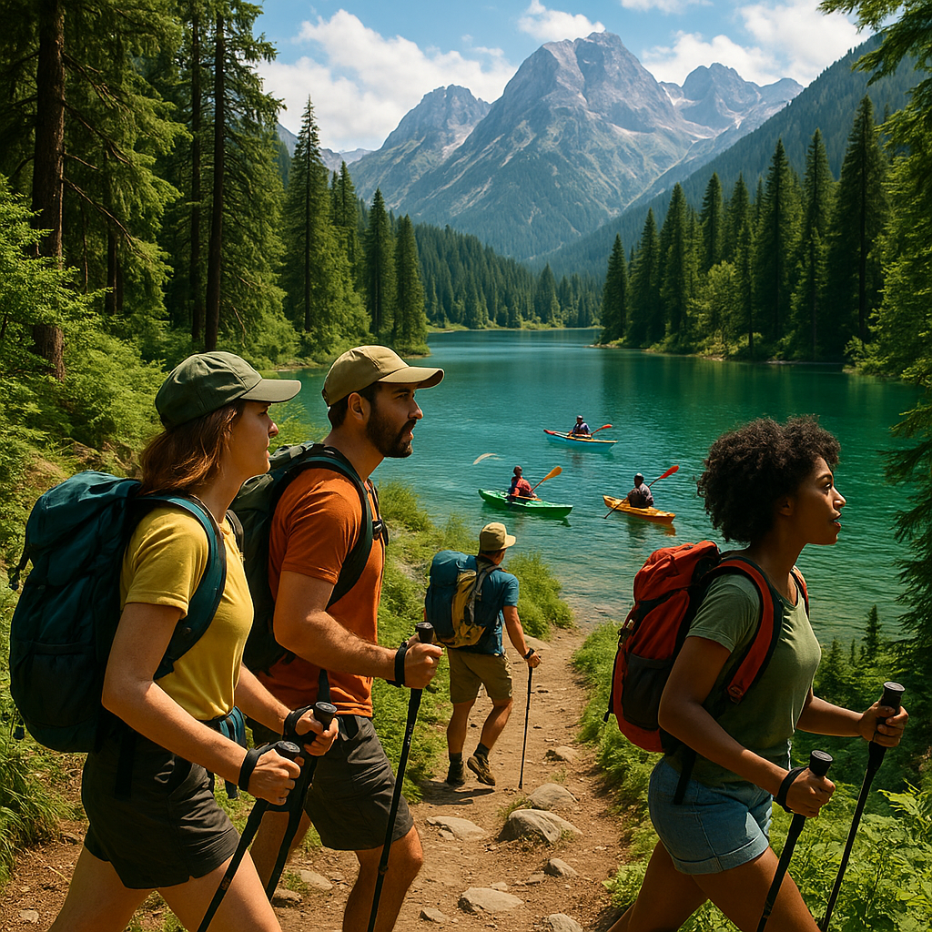 Un groupe de voyageurs s'adonnant à des activités de plein air, randonnée et kayak, dans un environnement naturel spectaculaire