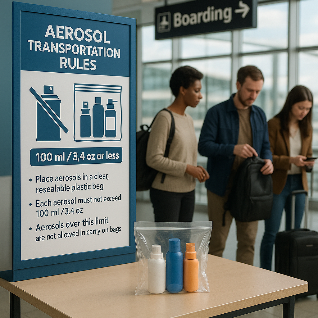 Table d'embarquement avec des aérosols emballés conformément aux règles de sécurité.