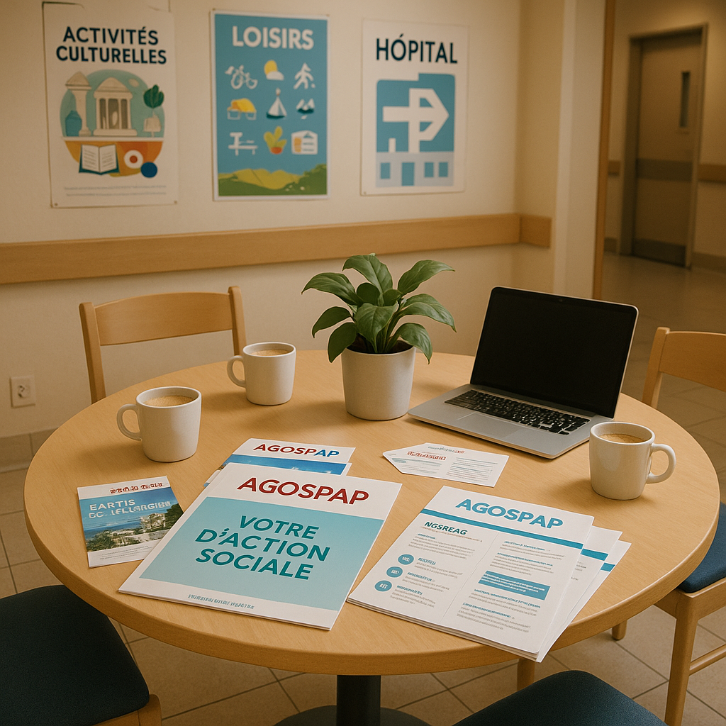 Brochures sur l'AGOSPAP étalées sur une table dans un environnement hospitalier accueillant.