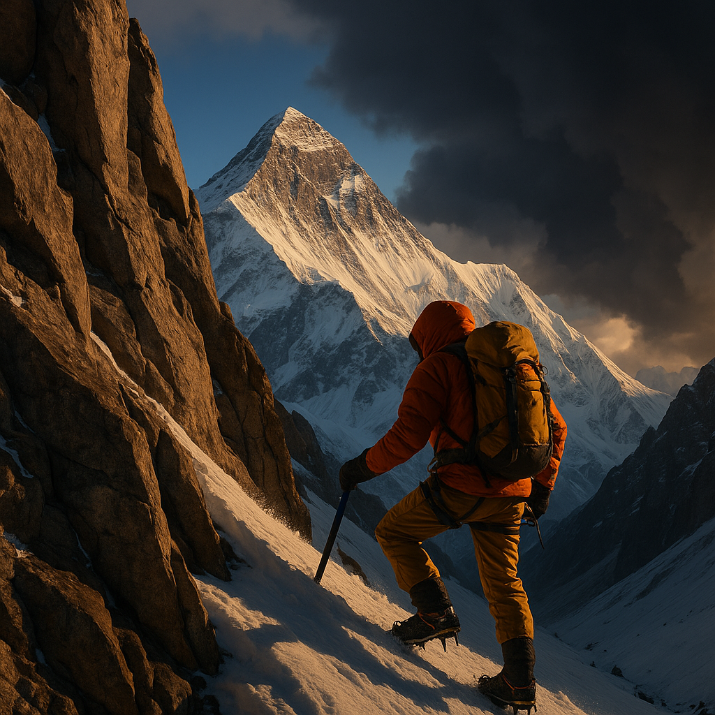 Un alpiniste seul escaladant une pente escarpée du Mont Everest.