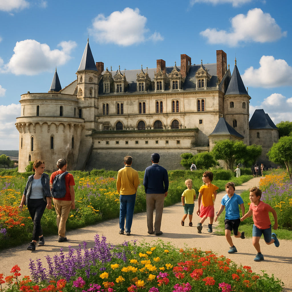 Vue du Château d'Amboise avec ses jardins floraux et des visiteurs admirant le paysage.