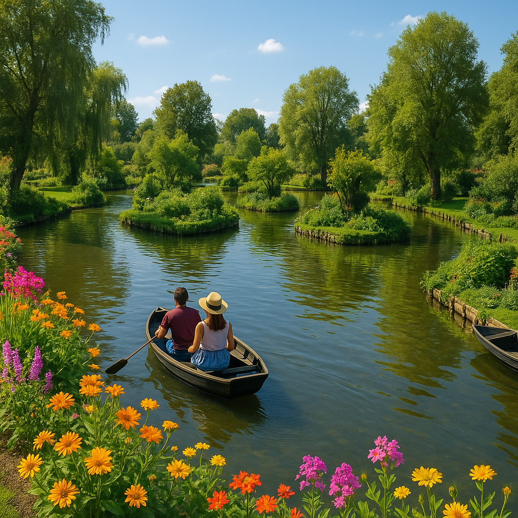 Scène paisible des hortillonnages d'Amiens avec des jardins flottants et une barque sur les canaux.