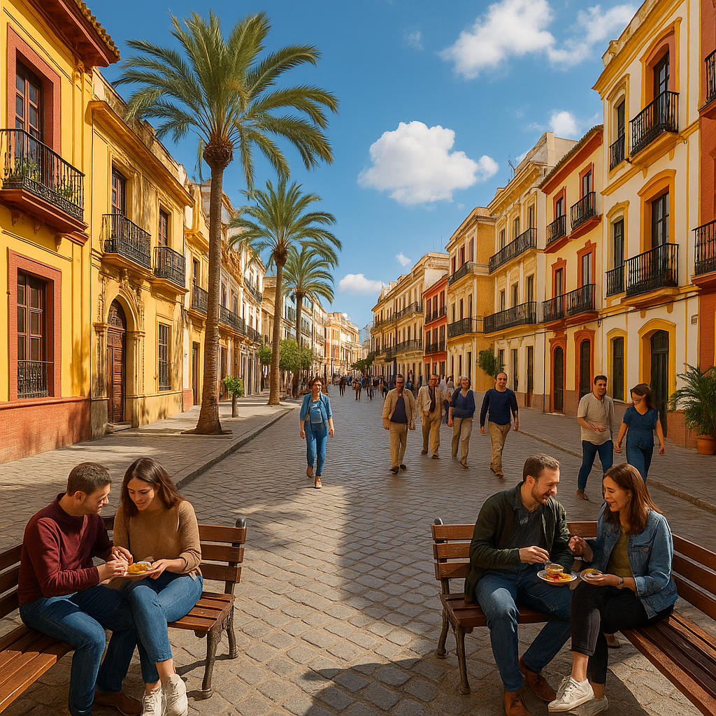 Ruelle ensoleillée de Séville avec des bâtiments colorés, des couples et des palmiers.