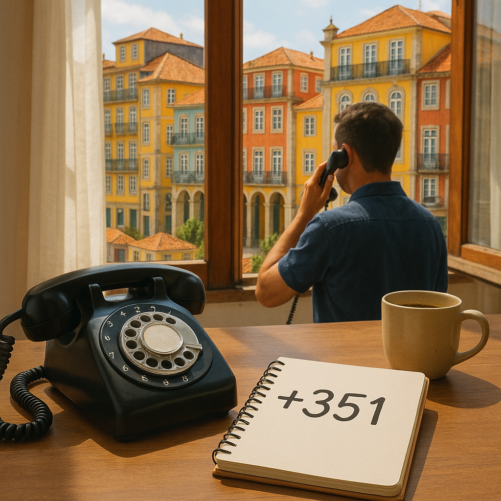 Un téléphone fixe traditionnel avec l'indicatif +351 sur un carnet, dans un cadre lumineux et typique du Portugal.