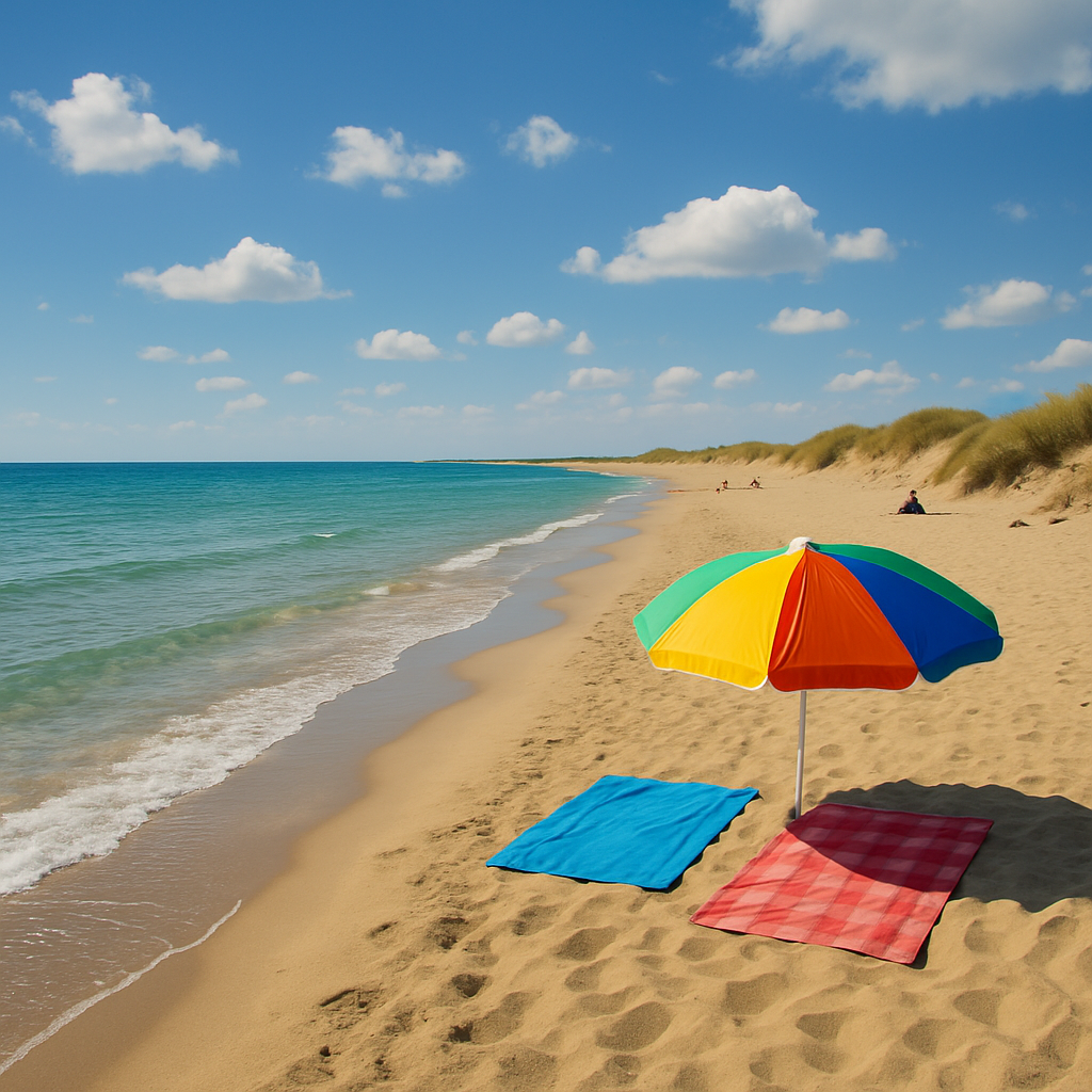 Plage des Aresquiers avec des serviettes de plage et un parapluie coloré sur le sable, vue sur la mer méditerranéenne.