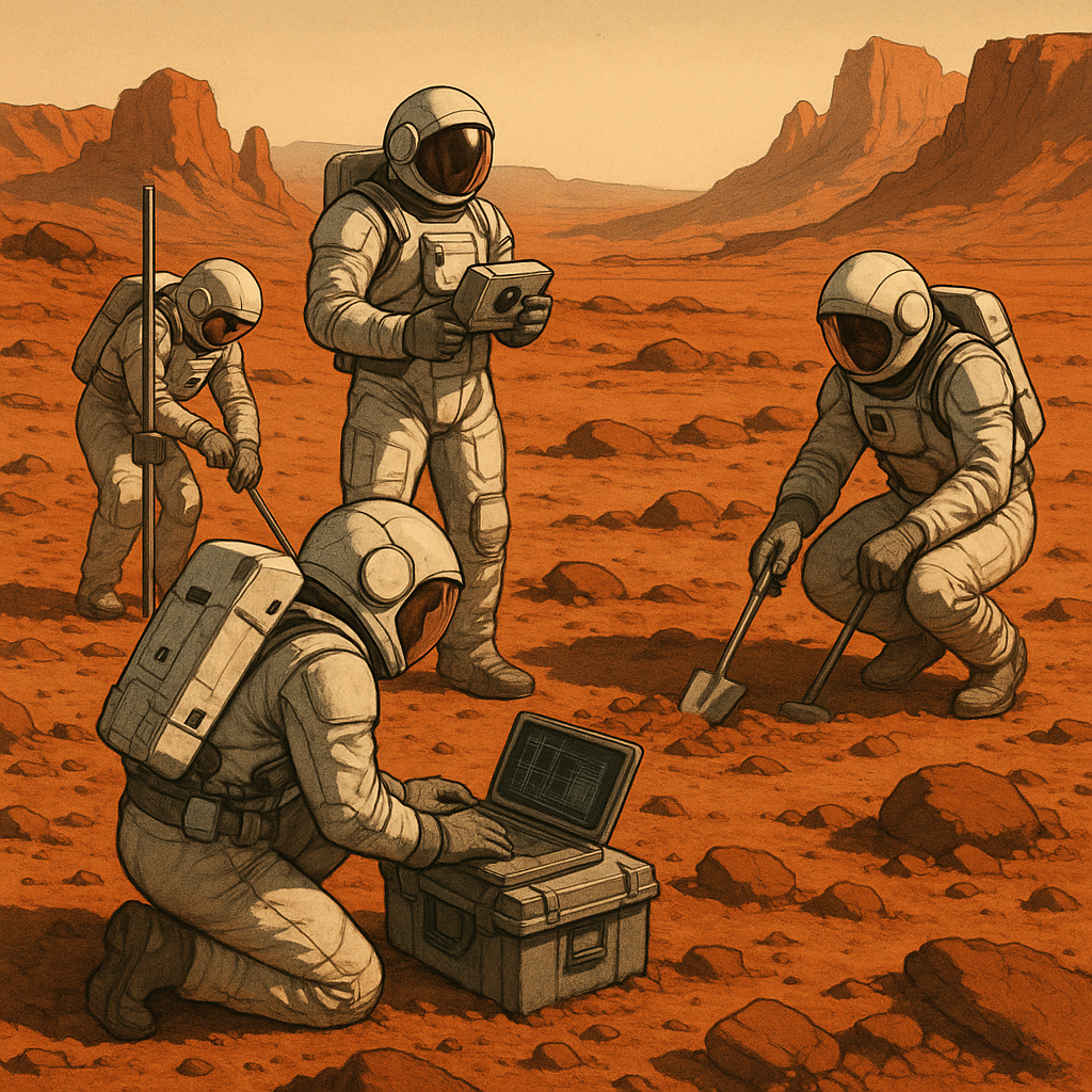 Équipe d'astronautes en combinaison spatiale effectuant des analyses sur le sol martien dans un paysage désertique.