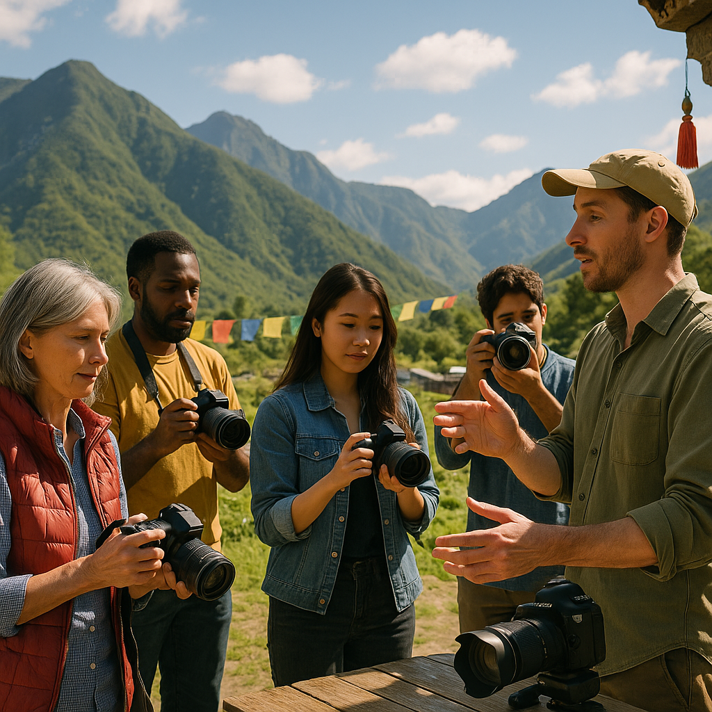 Participants à un atelier photo en plein air apprenant à photographier des paysages sous la conduite d'un guide.