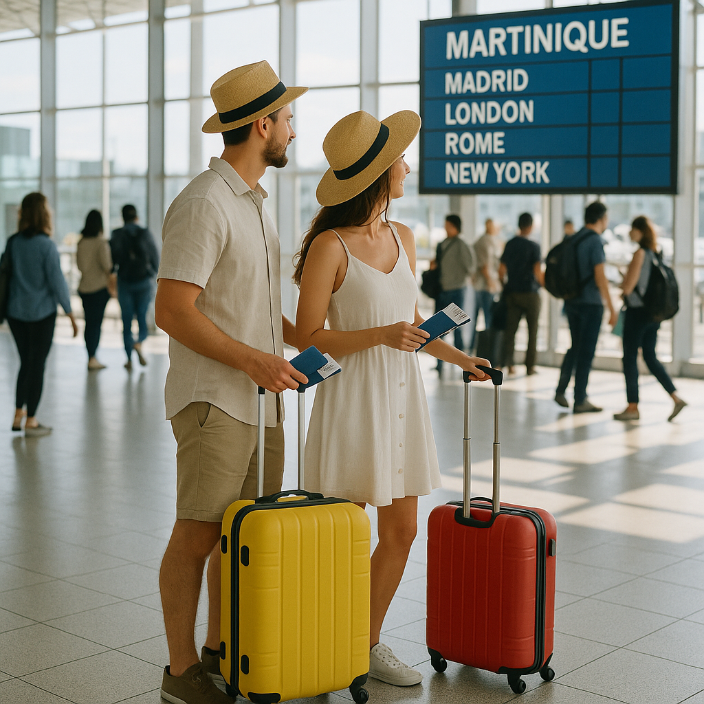 Couple de voyageurs attendant à l'aéroport avec des valises colorées et des billets, prêt à partir pour la Martinique.