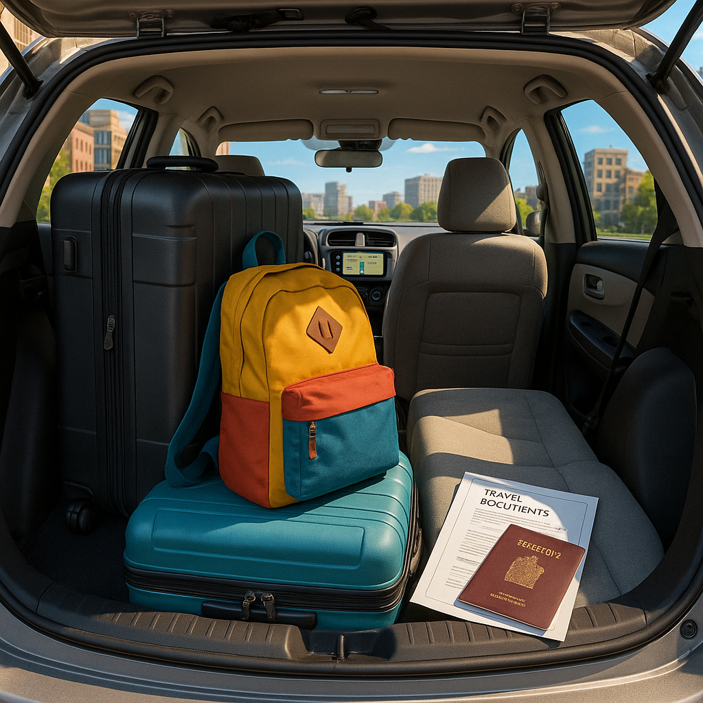 Bagages empilés dans une voiture avec un passeport et des autorisations de voyage visibles.