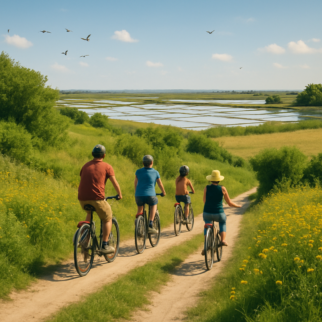 Groupe de personnes faisant du vélo au Marais Breton avec des paysages de marais salants et de champs fleuris.