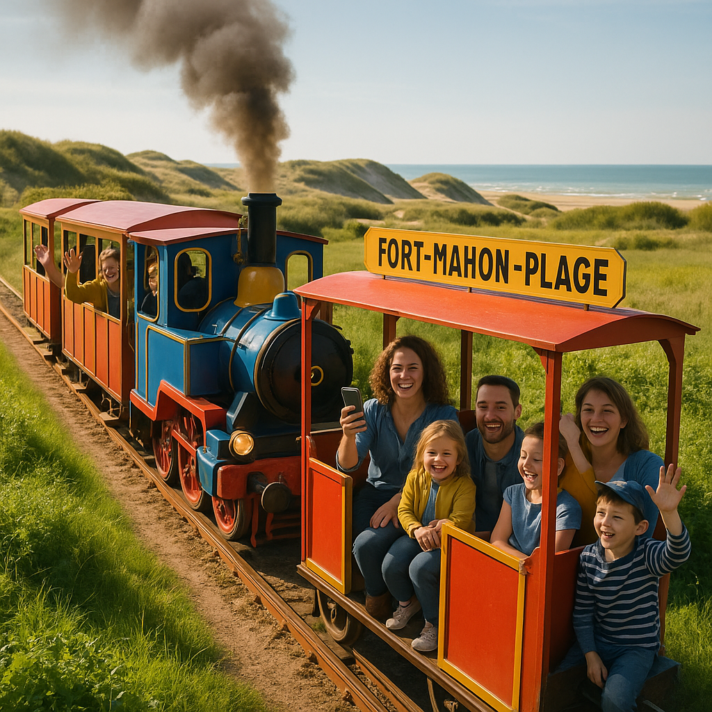 Balade en tortillard à Fort Mahon avec familles explorant le paysage.