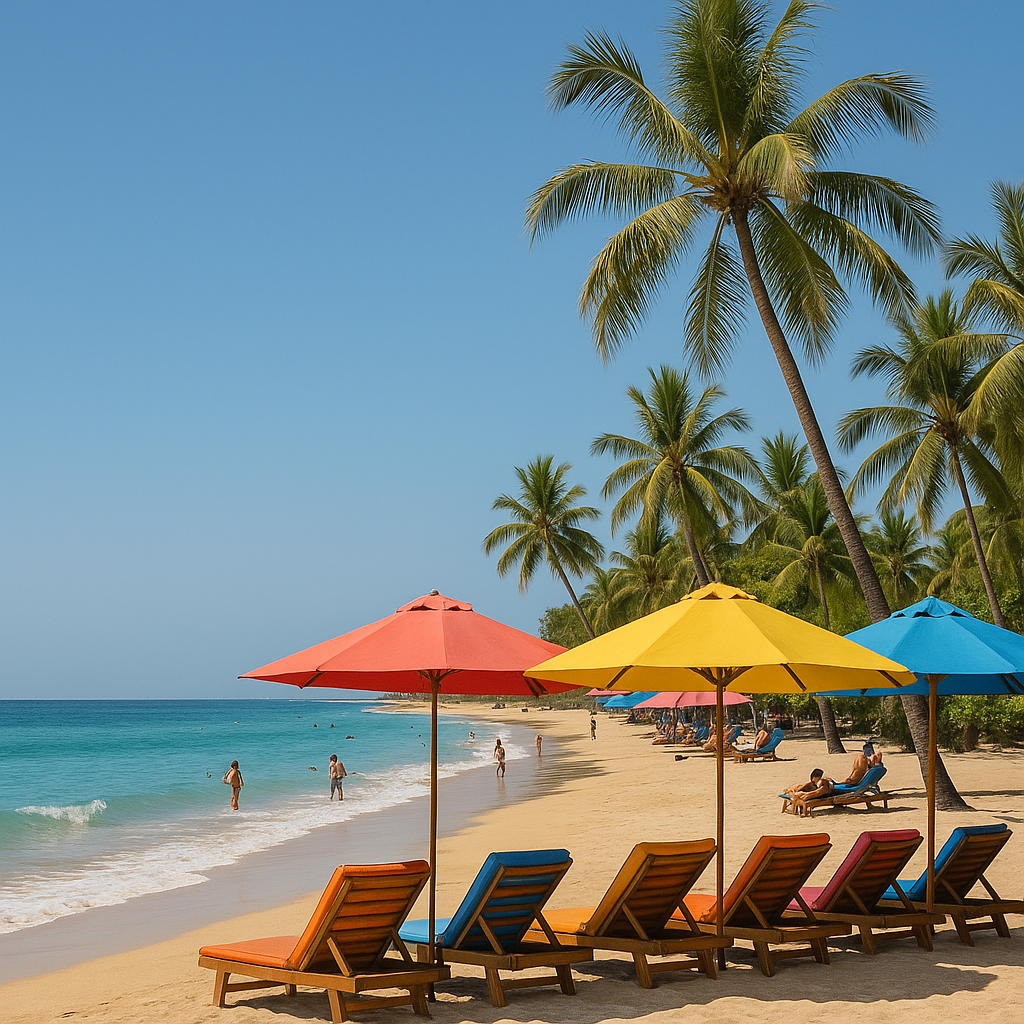 Une plage paradisiaque de Bali avec des chaises de plage et des palmiers sous un ciel ensoleillé.
