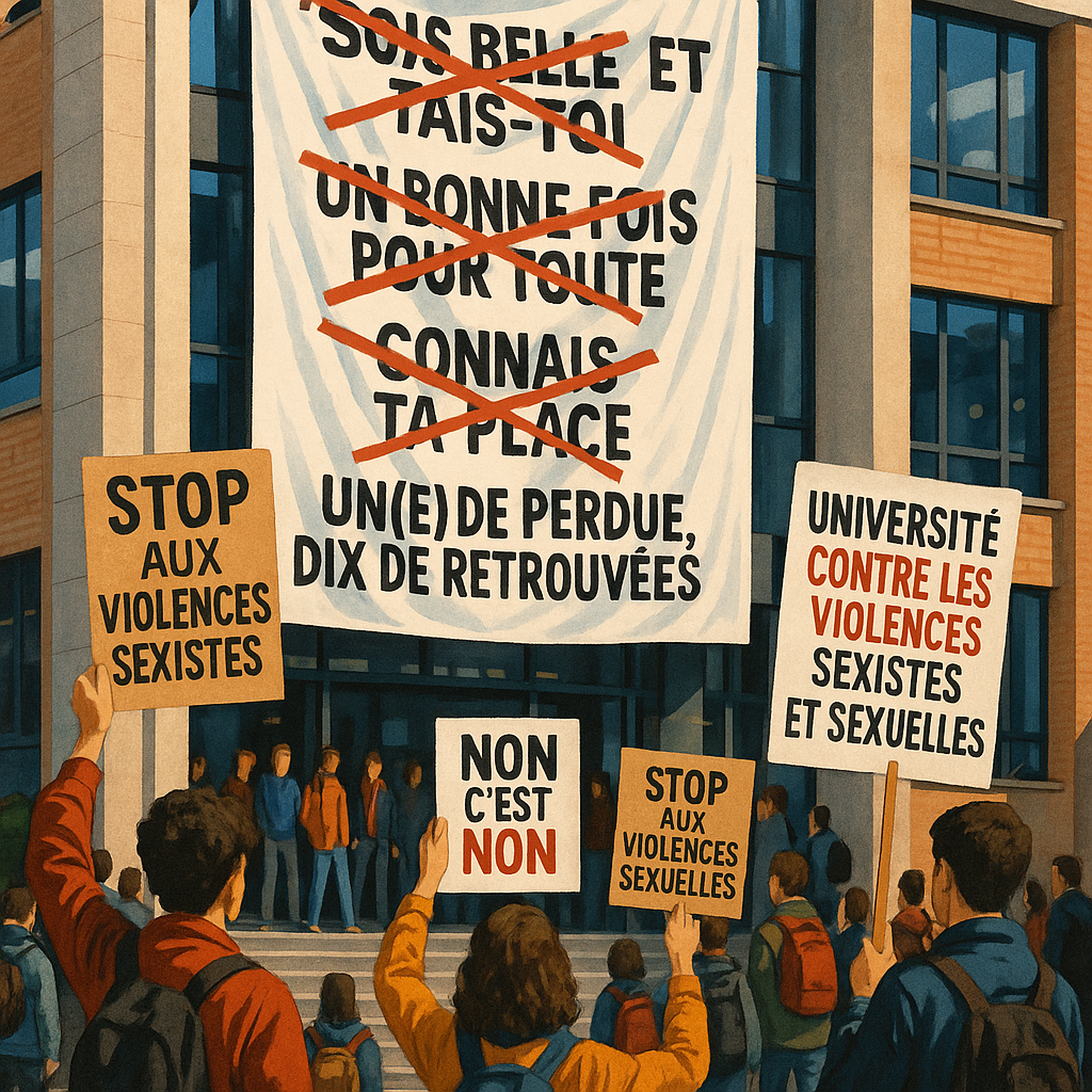 Banderole contestée à l'université de Tours, représentant des messages sexistes avec des étudiants mobilisés.