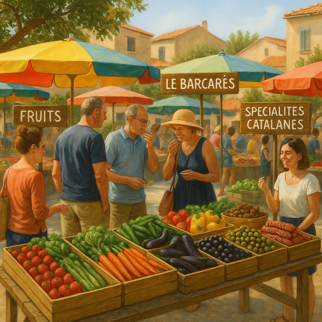 Scène d'un marché local au Barcarès avec des visiteurs choisissant des produits frais.