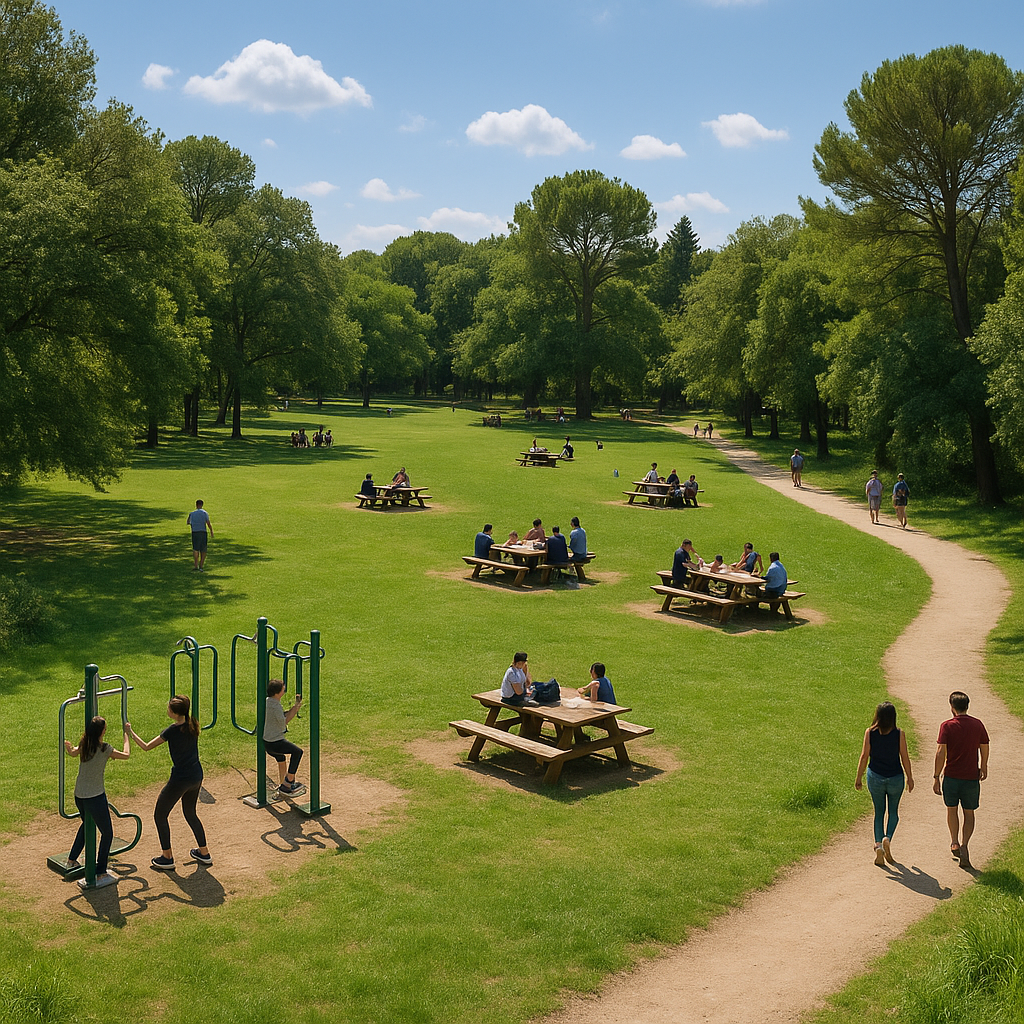 Vue aérienne du Bois de Montmaur à Montpellier avec des familles et des activités de plein air, montrant l'esprit de partage et de détente.