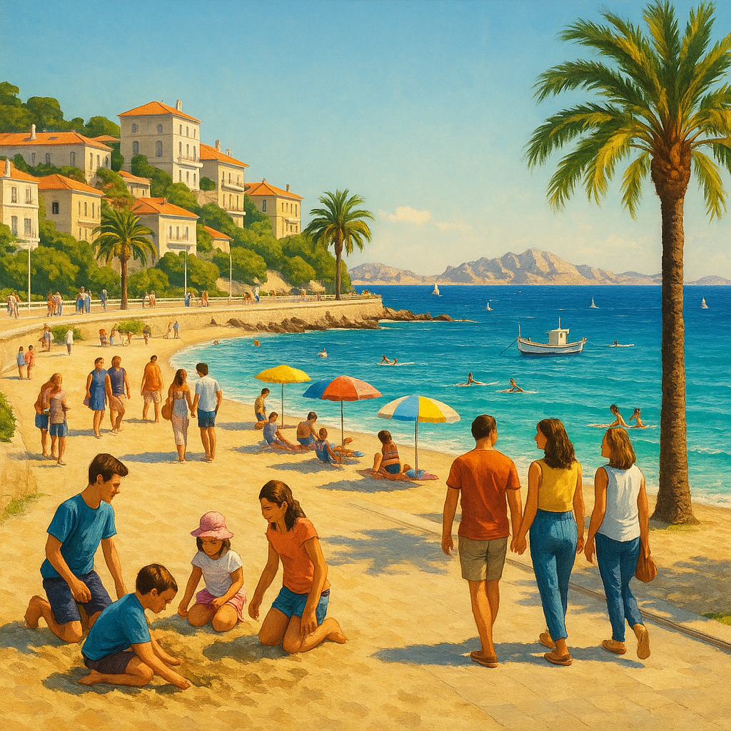 Vue bord de mer à Marseille avec familles et activité nautique sur la plage.