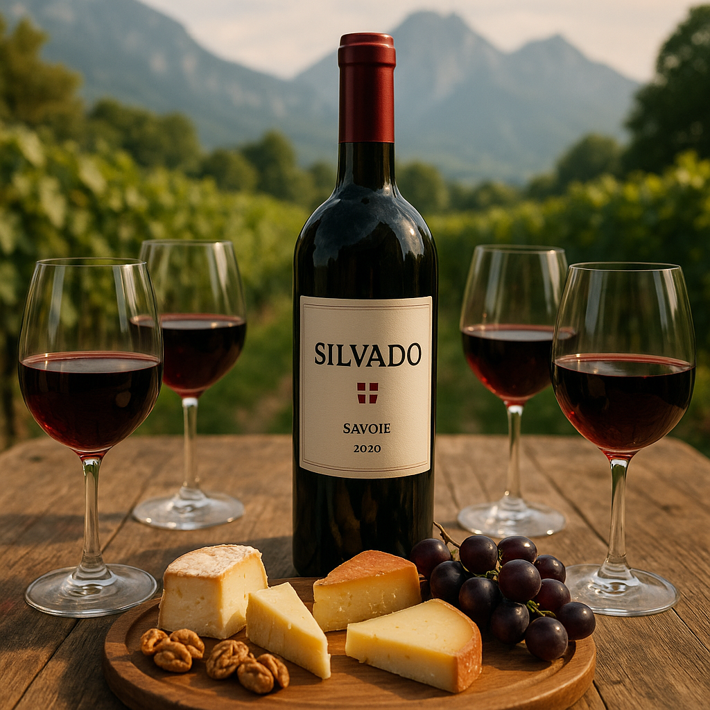 Bouteille de vin Silvado avec fromages savoyards et vue sur des vignes en Savoie