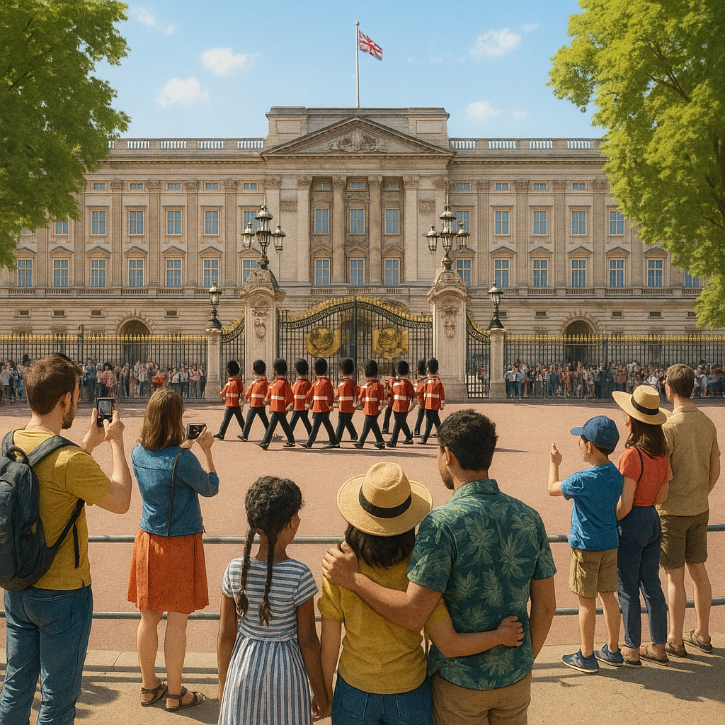 Cérémonie de la relève de la garde devant Buckingham Palace, avec des touristes admirant le spectacle.