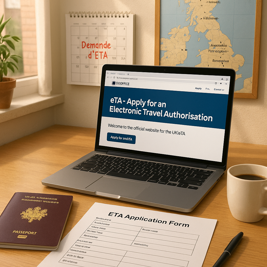 Bureau avec documents et ordinateur portatif pour la demande d'ETA pour le Royaume-Uni.