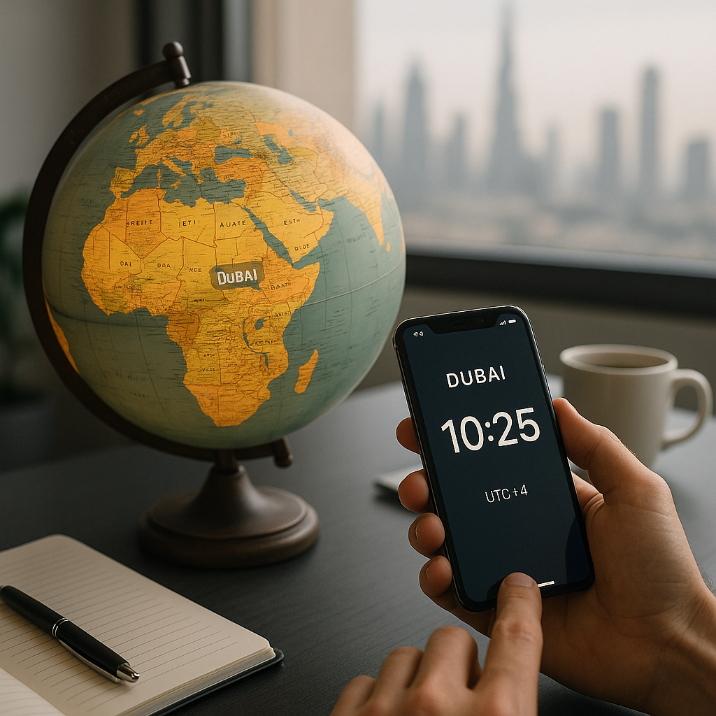 Globe terrestre et smartphone affichant l'heure de Dubaï sur un bureau moderne avec vue sur la skyline.