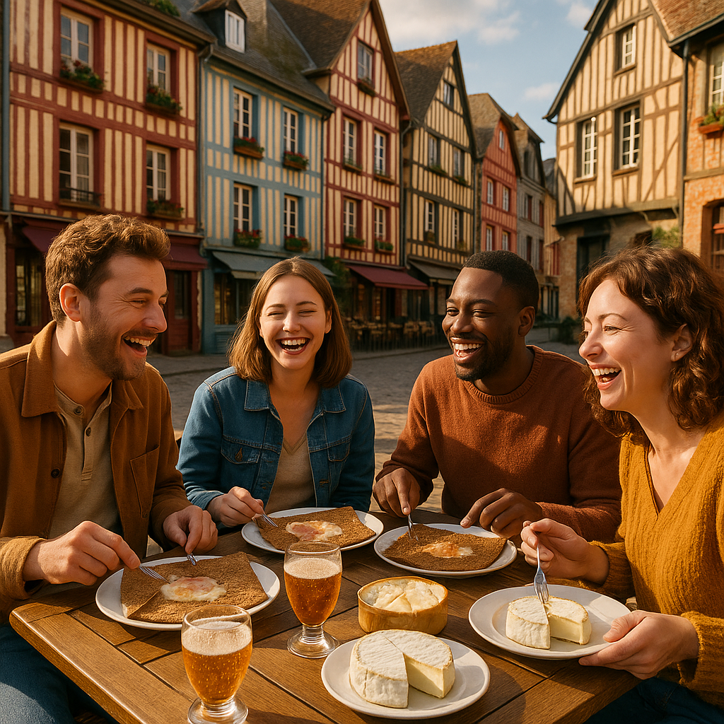 Scène de convivialité dans un café en Normandie avec des plats typiques
