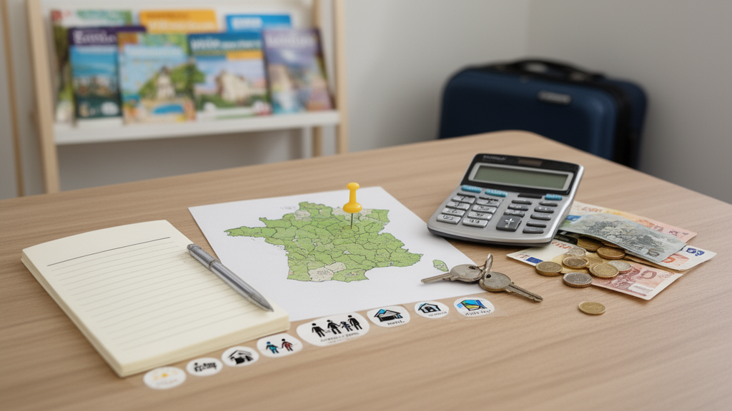 Calcul de la taxe de séjour avec carte de France, calculatrice, euros et clés d’hébergement touristique