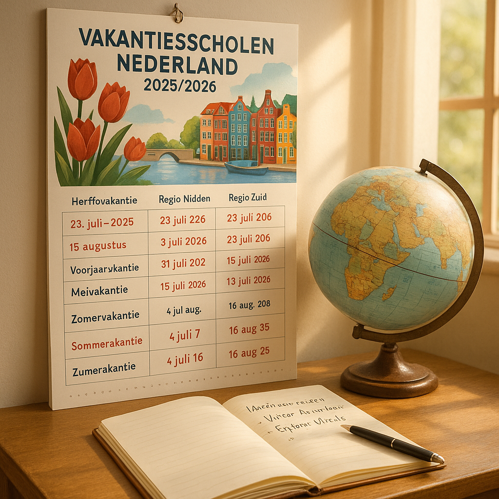 Calendrier des vacances scolaires aux Pays-Bas avec des illustrations de tulipes et un globe.