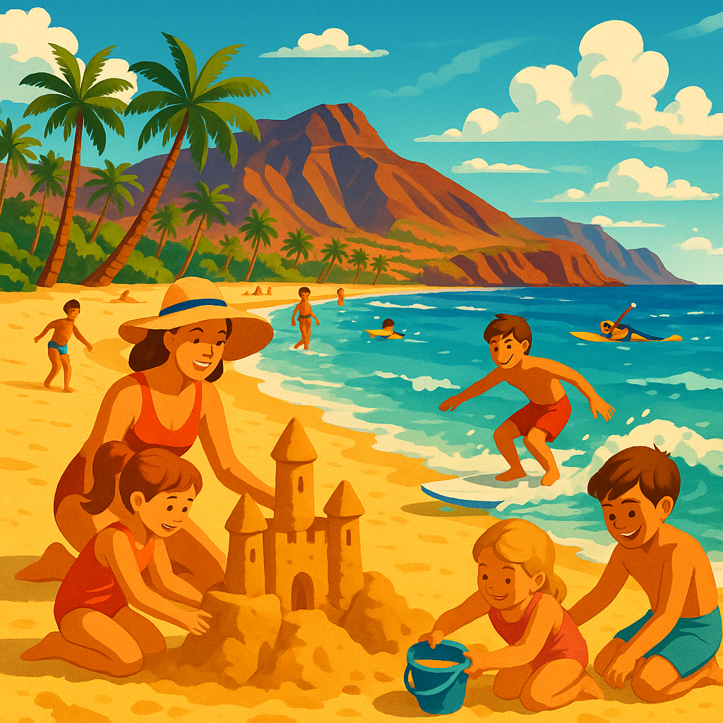 Scène de plage aux Canaries avec des familles s'amusant et pratiquant des activités nautiques.