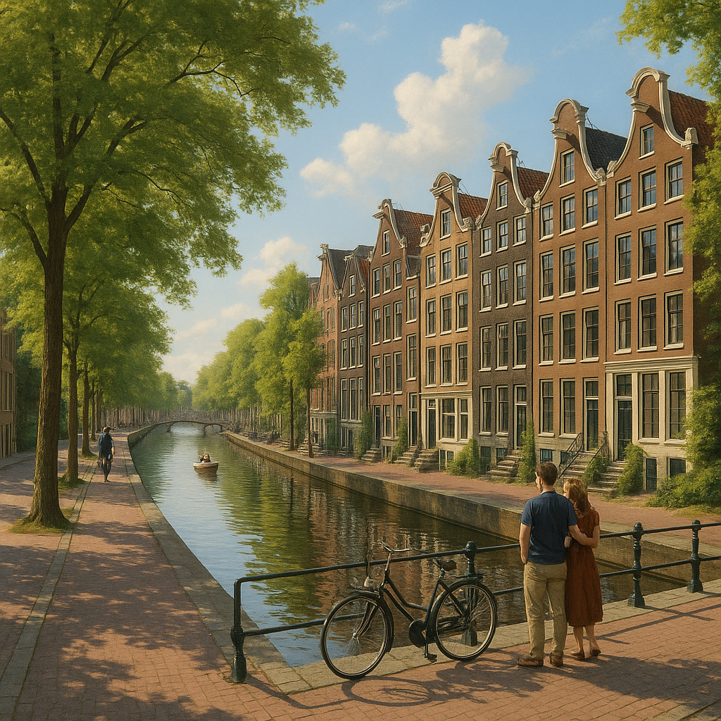 Vue paisible des canaux d'Amsterdam avec des maisons à pignons et des cyclistes sur la piste cyclable.
