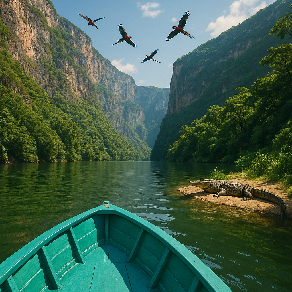 Vue du canyon du Sumidero avec un bateau, des parois rocheuses et des oiseaux tropicaux.