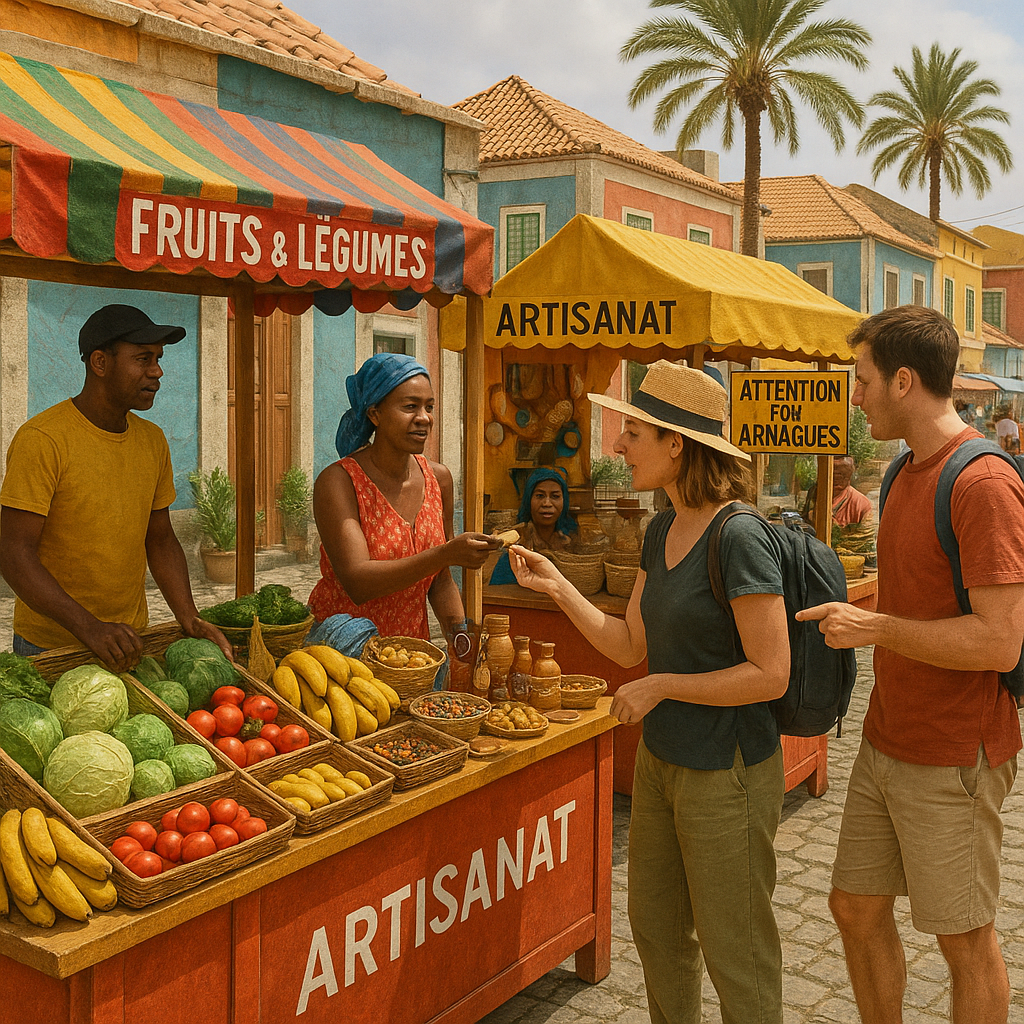 Marché local au Cap-Vert avec des vendeurs et des voyageurs interagissant.
