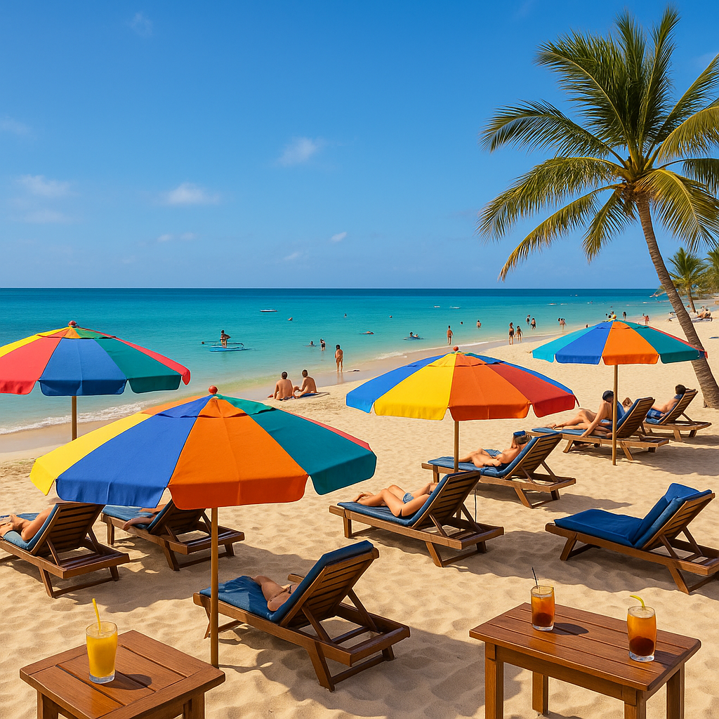 Plage du Cap-Vert avec parasols, chaises longues et touristes profitant de la mer.