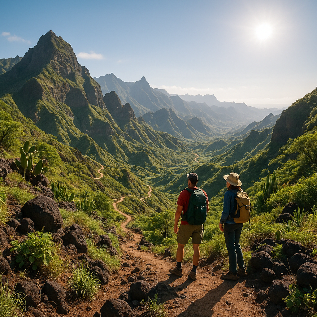 Scène de randonnée sur l'île de Santiago au Cap-Vert, avec montagnes et randonneurs admirant la vue.