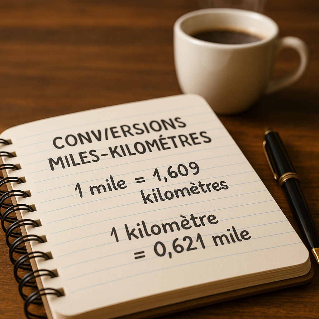 Plan rapproché d'un carnet de notes avec des formules de conversion entre miles et kilomètres
