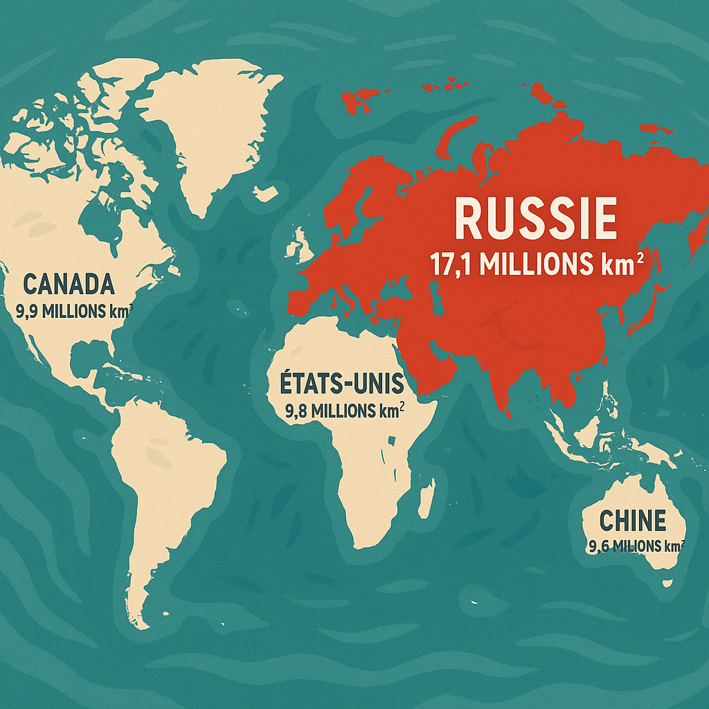 Carte du monde avec la Russie en surbrillance montrant sa superficie comparée à d'autres grands pays.