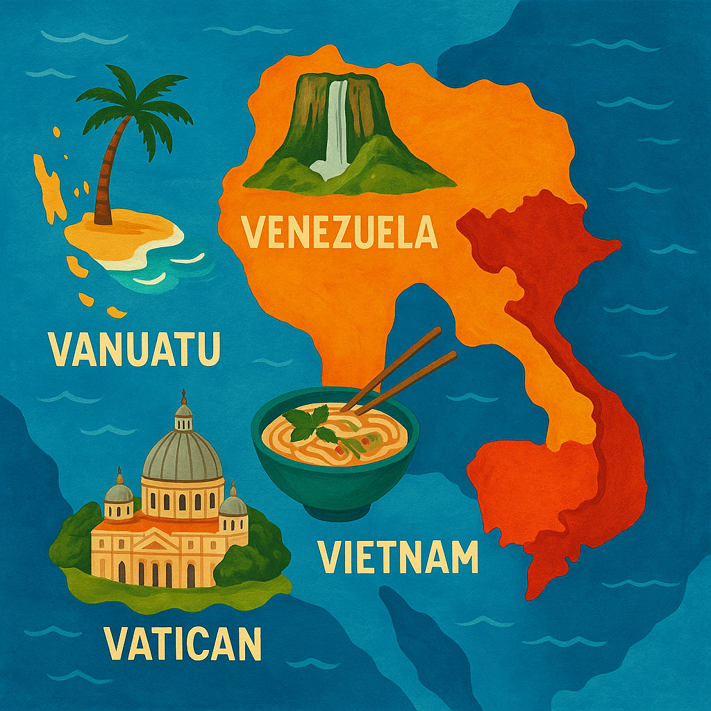 Carte stylisée présentant les pays Vanuatu, Venezuela, Viêt Nam et Vatican.