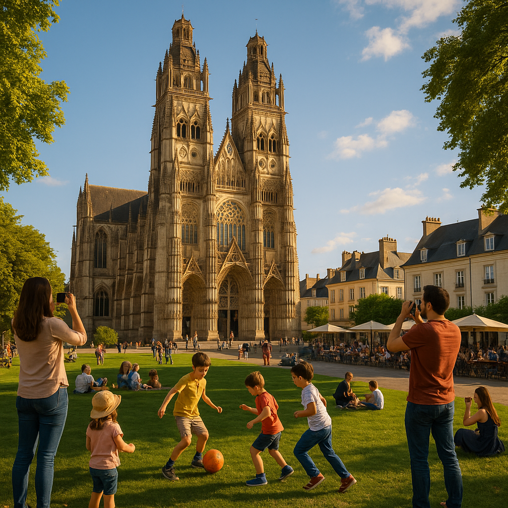 Vue de la cathédrale Saint-Gatien à Tours avec des familles et étudiants profitant de l'ambiance en extérieur.