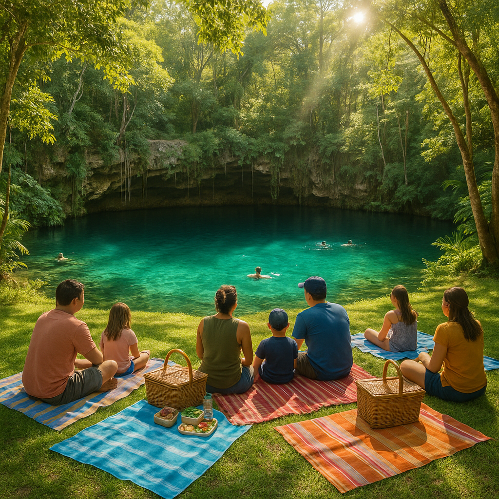Scène d'un pique-nique autour d'un cenote avec des personnes et une végétation luxuriante."
