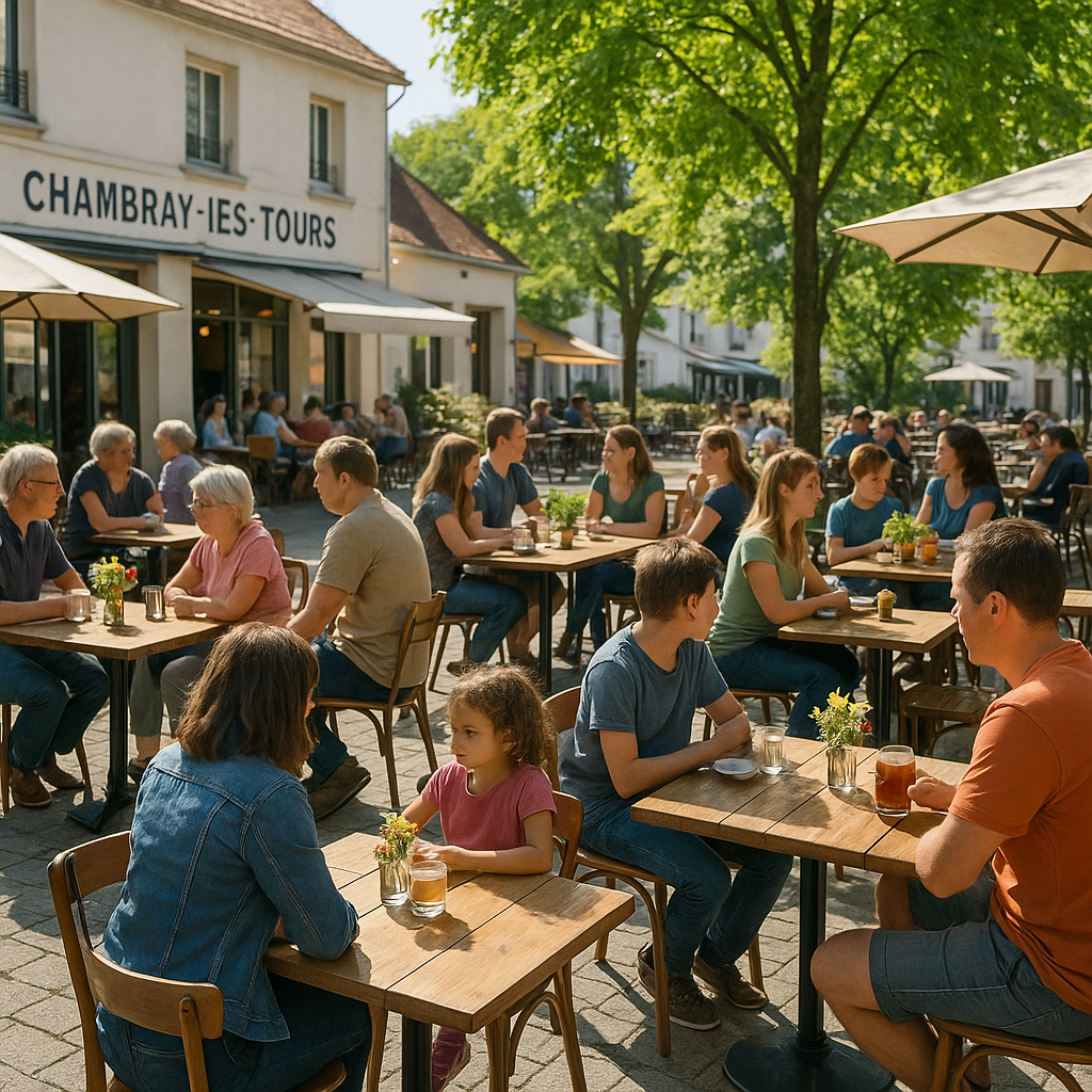 Scène d'un café en plein air à Chambray-lès-Tours avec des clients profitant d'une ambiance chaleureuse