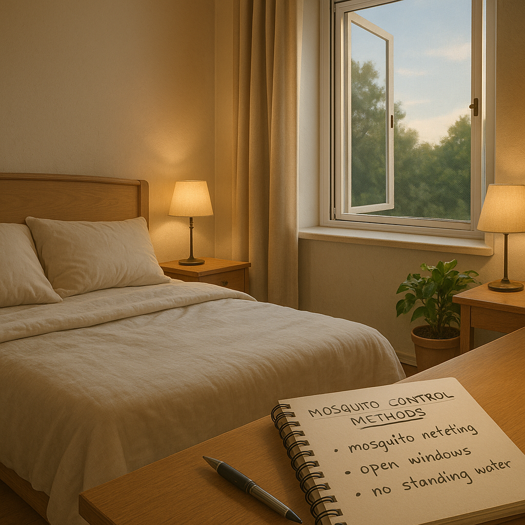 Chambre confortable mettant en avant des méthodes de prévention des moustiques