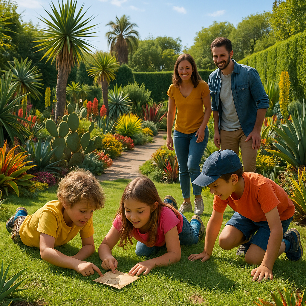 Des enfants cherchent des indices lors d'une chasse au trésor au Jardin Exotique de Ponteilla.