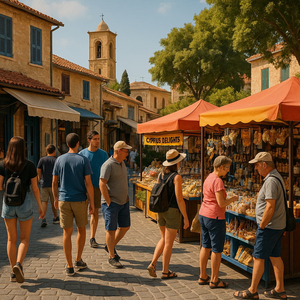 Scène animée d'un marché à Chypre avec des habitants et des touristes profitant de l'atmosphère locale dans un cadre sécuritaire.