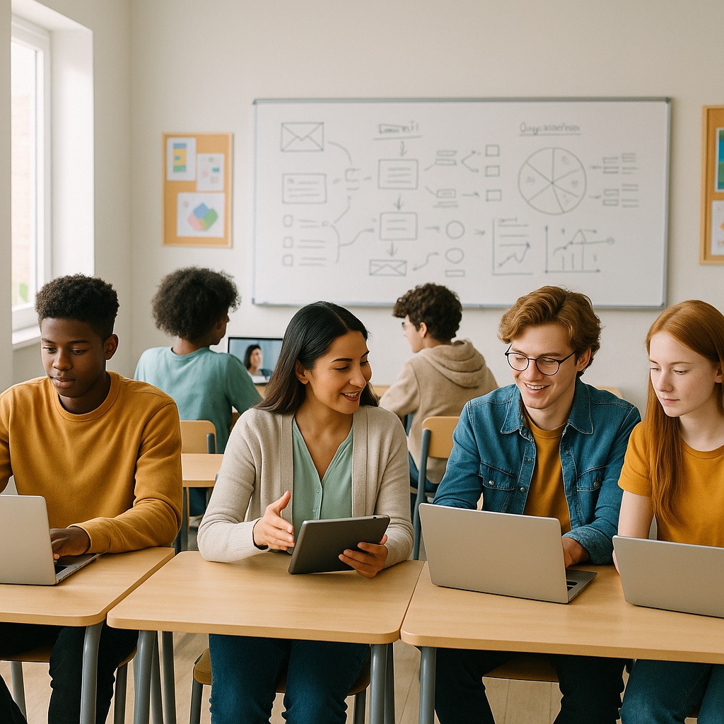 Groupe d'étudiants dans une salle de classe moderne utilisant des ordinateurs portables et des tablettes pour des cours en ligne.