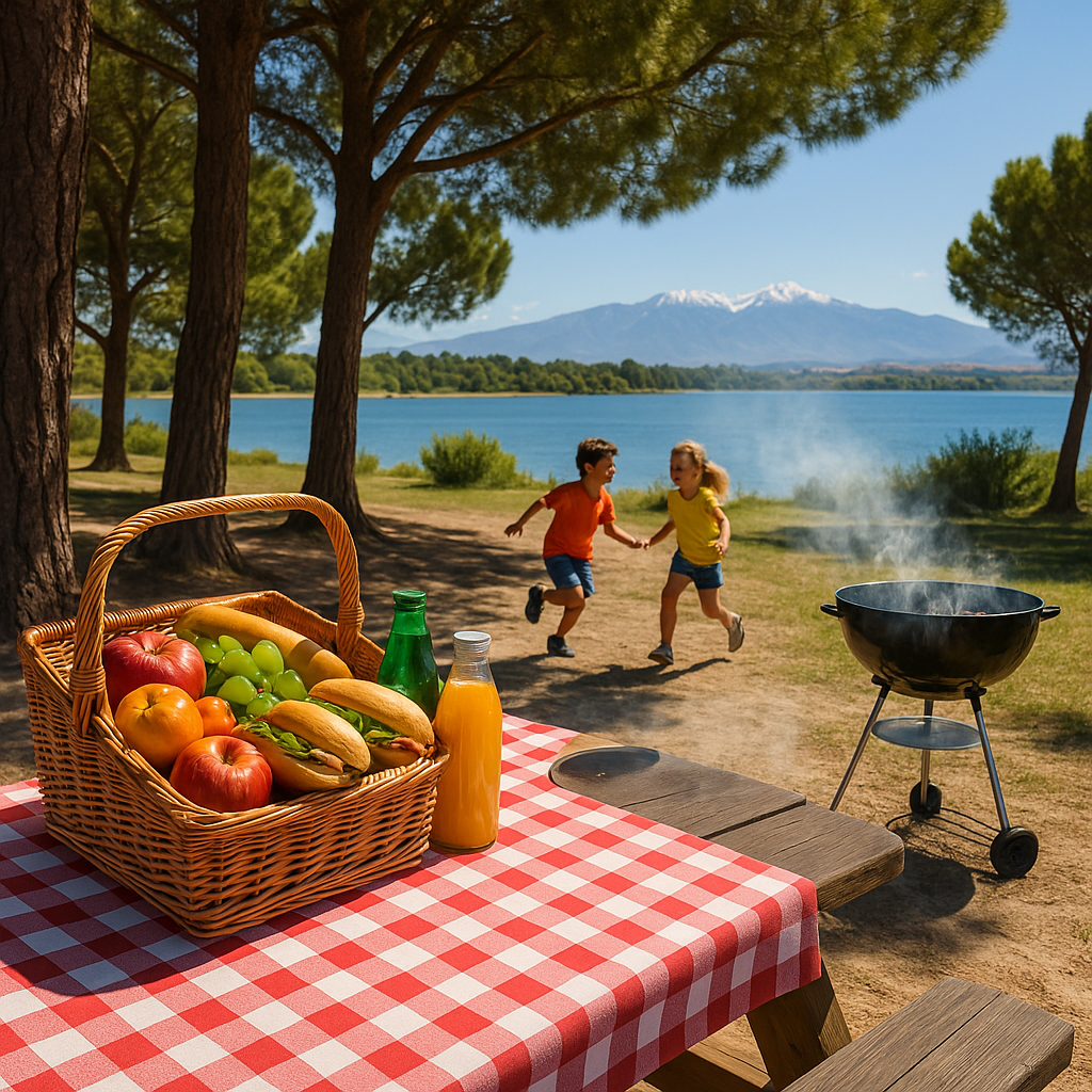 Coin pique-nique au lac de Raho à Villeneuve de la Raho avec des enfants jouant sous les pins.